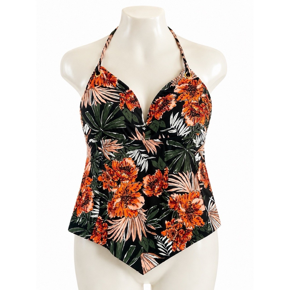 Kona Sol Women's 24W Tropical Floral Tankini Swim Top Black Orange Halter Plus